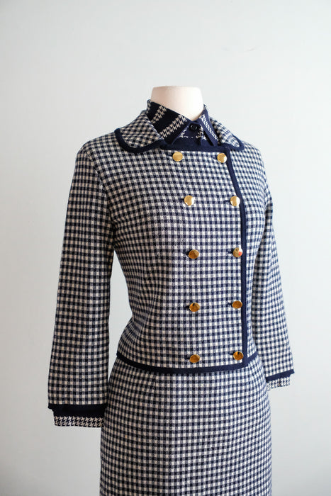 Vintage Late 1960's Chanel Inspired Wool Knit Navy Houndstooth Suit Set by Marchesa di Gresy  / S