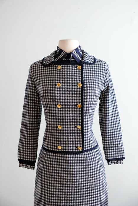 Vintage Late 1960's Chanel Inspired Wool Knit Navy Houndstooth Suit Set by Marchesa di Gresy  / S