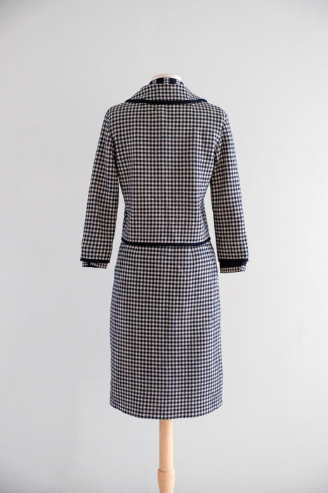 Vintage Late 1960's Chanel Inspired Wool Knit Navy Houndstooth Suit Set by Marchesa di Gresy  / S