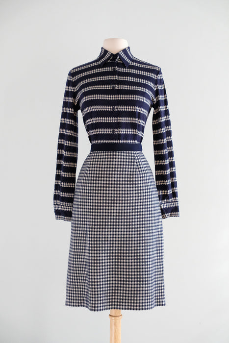 Vintage Late 1960's Chanel Inspired Wool Knit Navy Houndstooth Suit Set by Marchesa di Gresy  / S