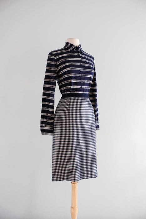 Vintage Late 1960's Chanel Inspired Wool Knit Navy Houndstooth Suit Set by Marchesa di Gresy  / S