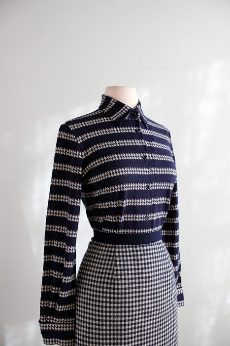 Vintage Late 1960's Chanel Inspired Wool Knit Navy Houndstooth Suit Set by Marchesa di Gresy  / S