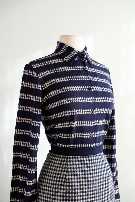 Vintage Late 1960's Chanel Inspired Wool Knit Navy Houndstooth Suit Set by Marchesa di Gresy  / S