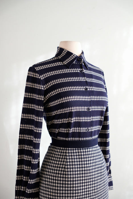 Vintage Late 1960's Chanel Inspired Wool Knit Navy Houndstooth Suit Set by Marchesa di Gresy  / S