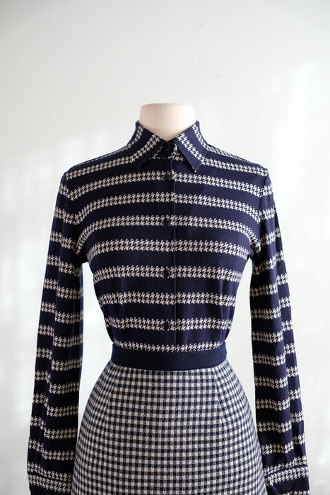 Vintage Late 1960's Chanel Inspired Wool Knit Navy Houndstooth Suit Set by Marchesa di Gresy  / S