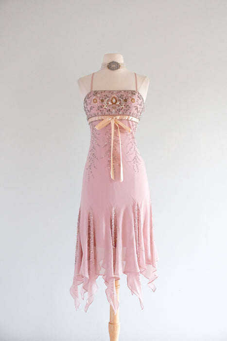 Vintage Y2K Blush Mauve Beaded Silk Chiffon Dress by Sue Wong / S