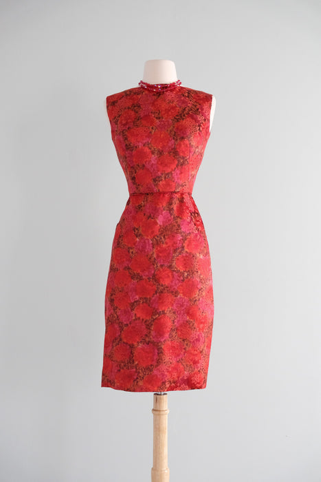 Fabulous 1960's Red Hot Brocade Wiggle Dress / Sz XXS