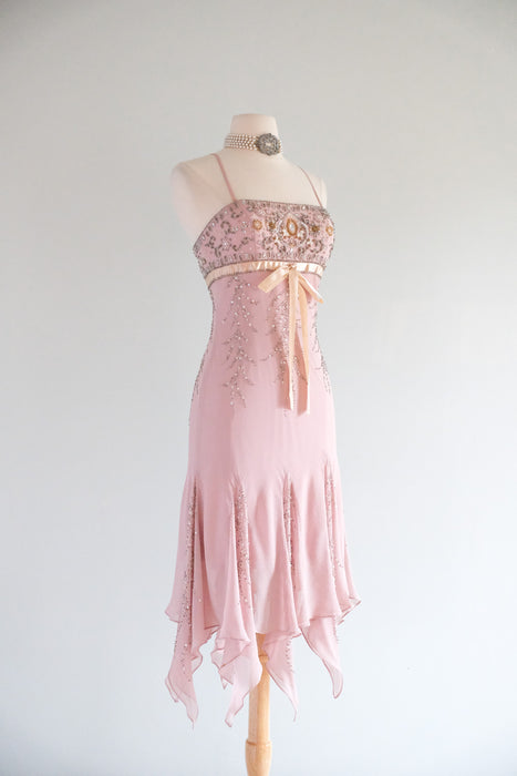 Vintage Y2K Blush Mauve Beaded Silk Chiffon Dress by Sue Wong / S