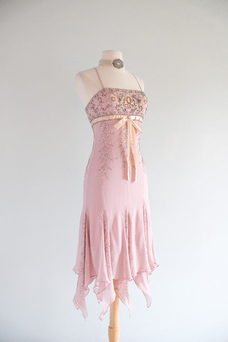 Vintage Y2K Blush Mauve Beaded Silk Chiffon Dress by Sue Wong / S Xtabay Vintage Vintage Y2K Blush Mauve Beaded Silk Chiffon Dress by Sue Wong / S Xtabay Vintage
