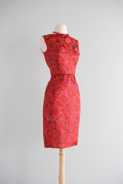 Fabulous 1960's Red Hot Brocade Wiggle Dress / Sz XXS