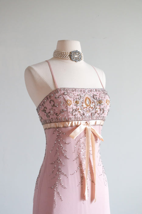 Vintage Y2K Blush Mauve Beaded Silk Chiffon Dress by Sue Wong / S