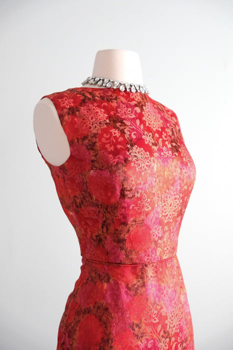 Fabulous 1960's Red Hot Brocade Wiggle Dress / Sz XXS