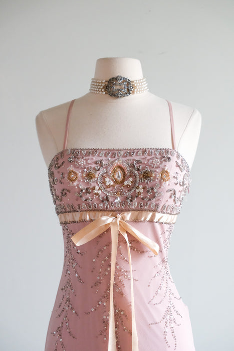 Vintage Y2K Blush Mauve Beaded Silk Chiffon Dress by Sue Wong / S