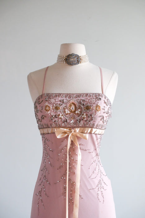 Vintage Y2K Blush Mauve Beaded Silk Chiffon Dress by Sue Wong / S