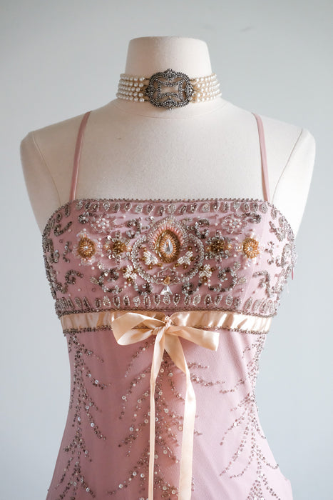 Vintage Y2K Blush Mauve Beaded Silk Chiffon Dress by Sue Wong / S