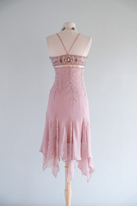 Vintage Y2K Blush Mauve Beaded Silk Chiffon Dress by Sue Wong / S