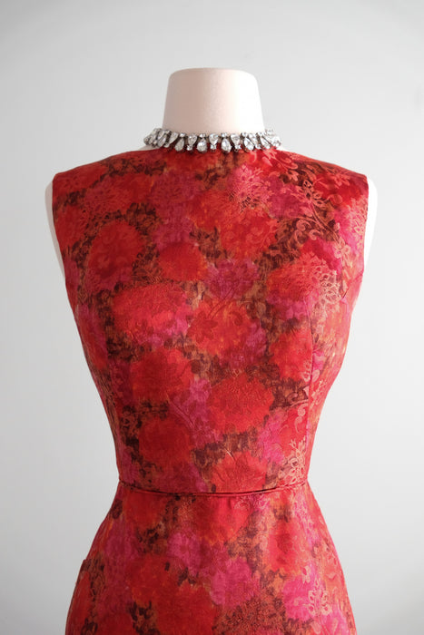 Fabulous 1960's Red Hot Brocade Wiggle Dress / Sz XXS