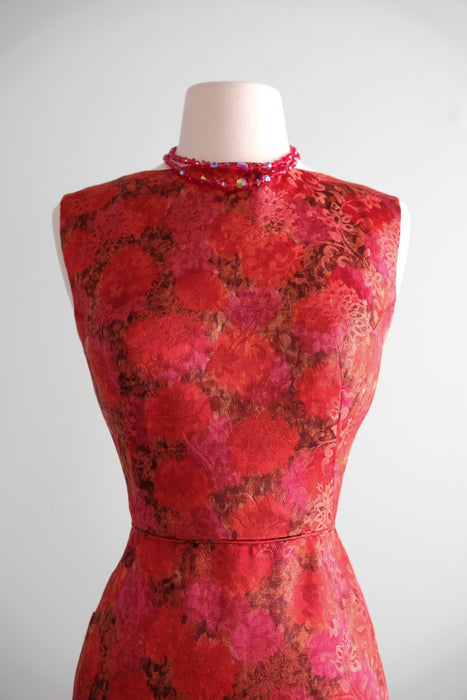 Fabulous 1960's Red Hot Brocade Wiggle Dress / Sz XXS