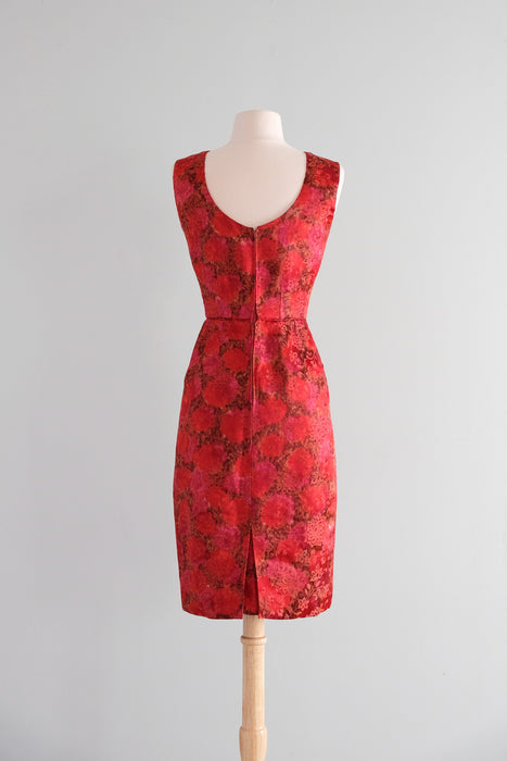 Fabulous 1960's Red Hot Brocade Wiggle Dress / Sz XXS