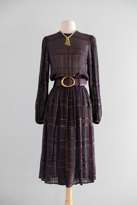 Vintage 1970's Bronze Lurex Plaid & Aubergine Chiffon Dress / SM