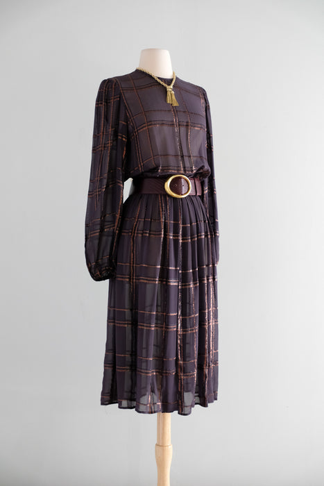 Vintage 1970's Bronze Lurex Plaid & Aubergine Chiffon Dress / SM