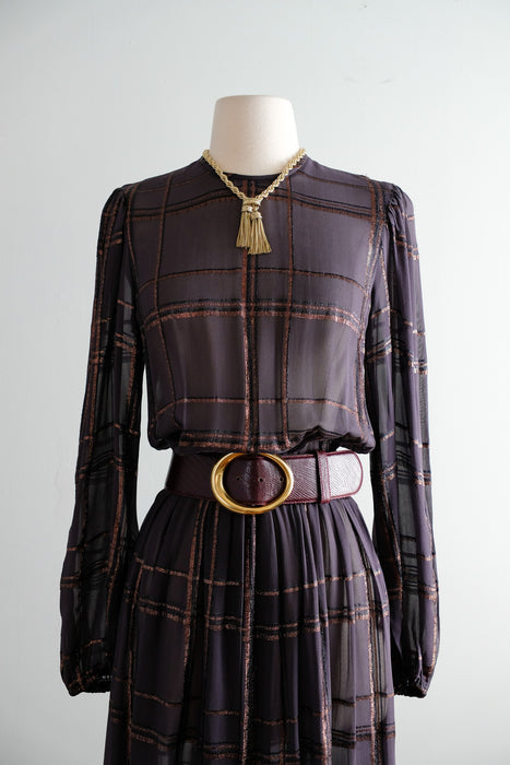 Vintage 1970's Bronze Lurex Plaid & Aubergine Chiffon Dress / SM