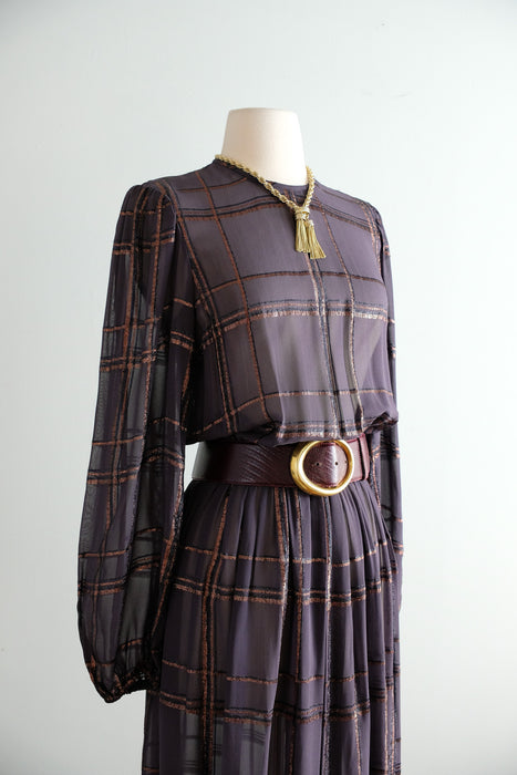 Vintage 1970's Bronze Lurex Plaid & Aubergine Chiffon Dress / SM