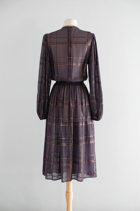 Vintage 1970's Bronze Lurex Plaid & Aubergine Chiffon Dress / SM