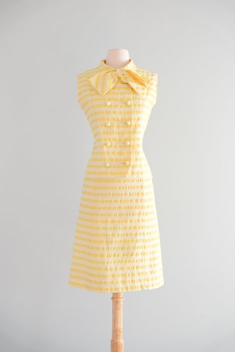 Cutest 1960's Pastel Yellow Striped Shift with Bow Tie Top / Sz M