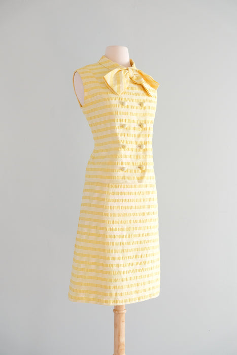 Cutest 1960's Pastel Yellow Striped Shift with Bow Tie Top / Sz M