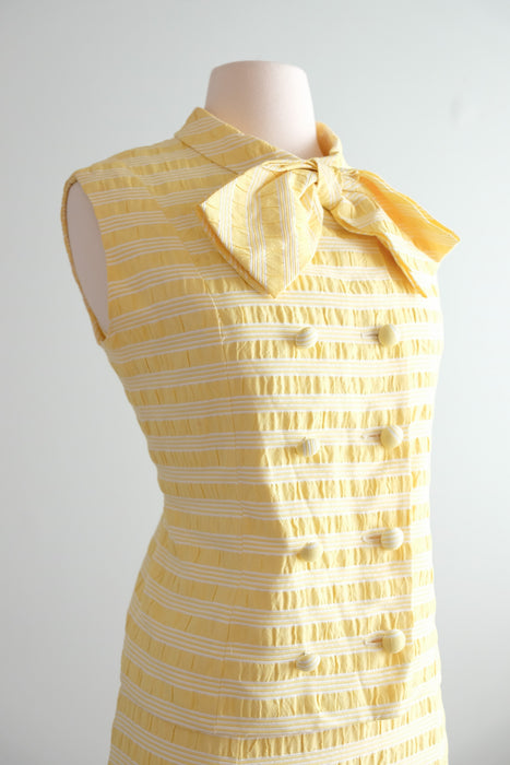 Cutest 1960's Pastel Yellow Striped Shift with Bow Tie Top / Sz M