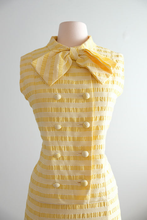 Cutest 1960's Pastel Yellow Striped Shift with Bow Tie Top / Sz M