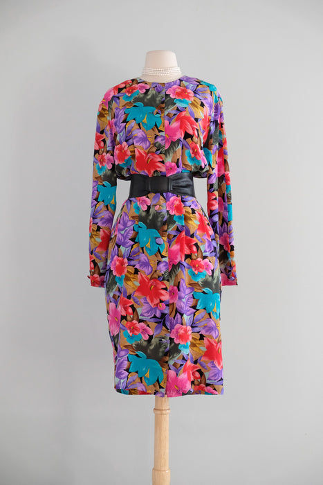 Vintage 1980's Silk Floral Dress by Tess Dress / ML