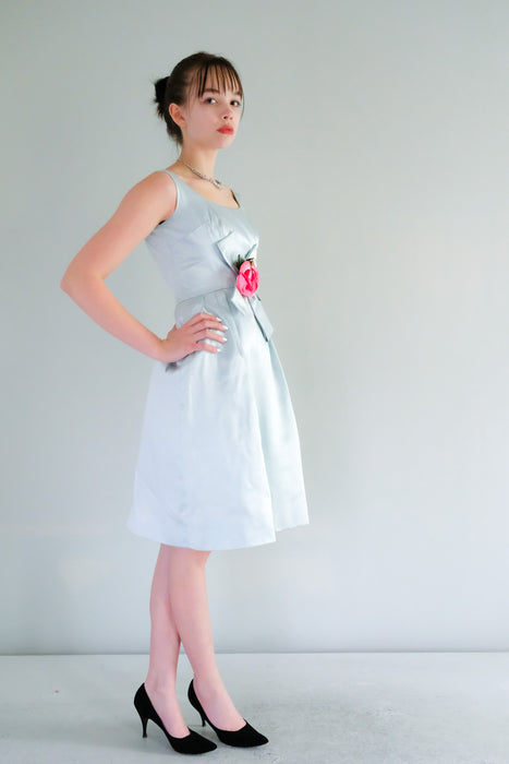 Cutest 1960's Icy Blue Satin Babydoll Party Dress with Sweet Peony Floral / Sz XS