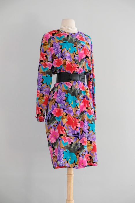 Vintage 1980's Silk Floral Dress by Tess Dress / ML