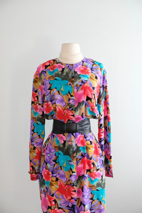 Vintage 1980's Silk Floral Dress by Tess Dress / ML