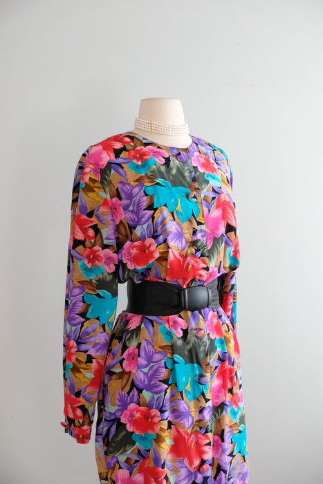 Vintage 1980's Silk Floral Dress by Tess Dress / ML