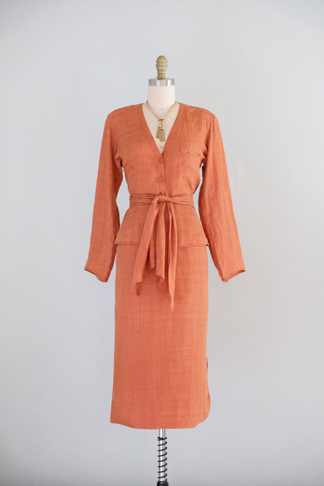 Vintage Early 1980's Terracotta Linen Dress Suit By Giorgio Armani / XS