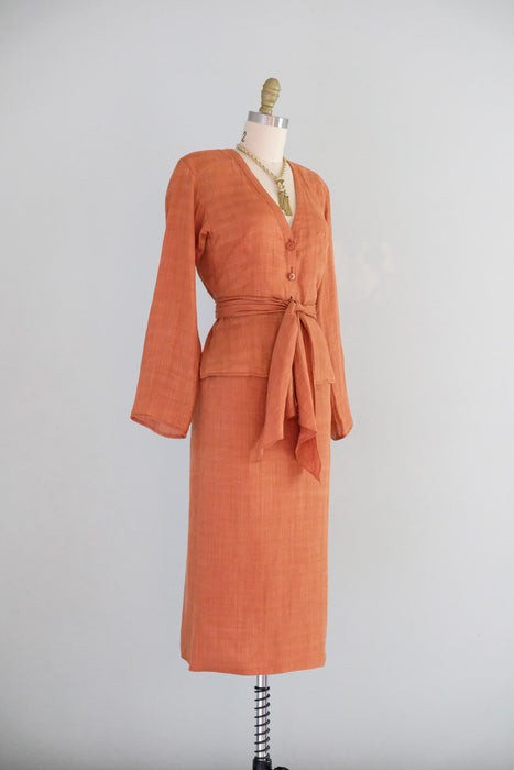 Vintage Early 1980's Terracotta Linen Dress Suit By Giorgio Armani / XS