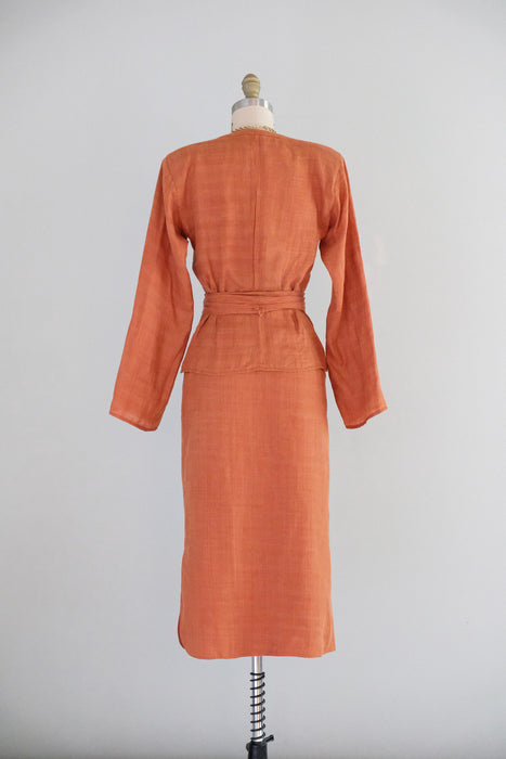 Vintage Early 1980's Terracotta Linen Dress Suit By Giorgio Armani / XS