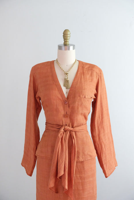 Vintage Early 1980's Terracotta Linen Dress Suit By Giorgio Armani / XS