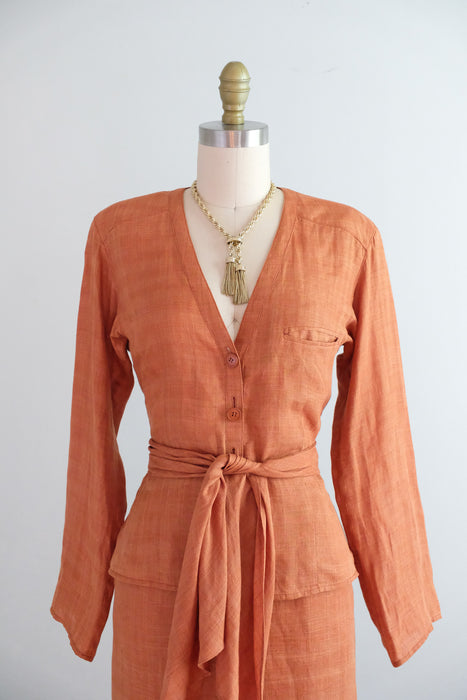 Vintage Early 1980's Terracotta Linen Dress Suit By Giorgio Armani / XS
