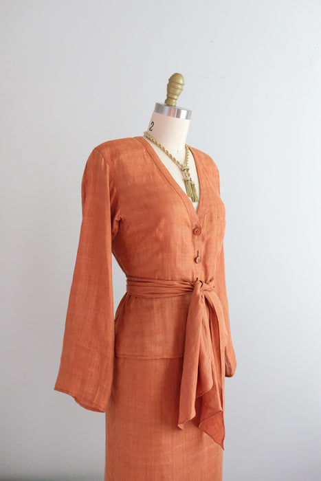 Vintage Early 1980's Terracotta Linen Dress Suit By Giorgio Armani / XS