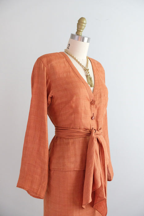 Vintage Early 1980's Terracotta Linen Dress Suit By Giorgio Armani / XS