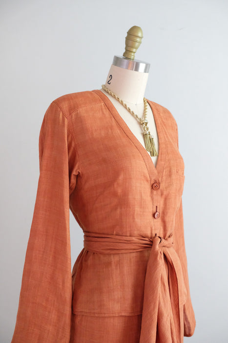 Vintage Early 1980's Terracotta Linen Dress Suit By Giorgio Armani / XS