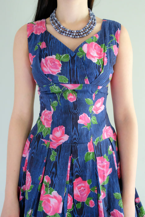 Sweet 1950's All The Roses Dark Blue Cotton Dress / Sz M