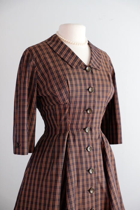 Vintage 1950's Cocoa Cotton Plaid & Jacquard Shirt Dress by Neiman Marcus / ML