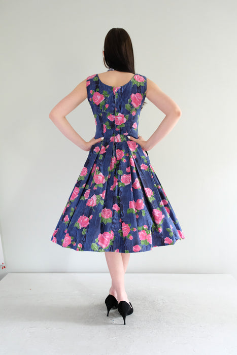 Sweet 1950's All The Roses Dark Blue Cotton Dress / Sz M