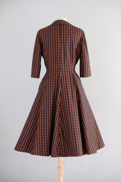 Vintage 1950's Cocoa Cotton Plaid & Jacquard Shirt Dress by Neiman Marcus / ML