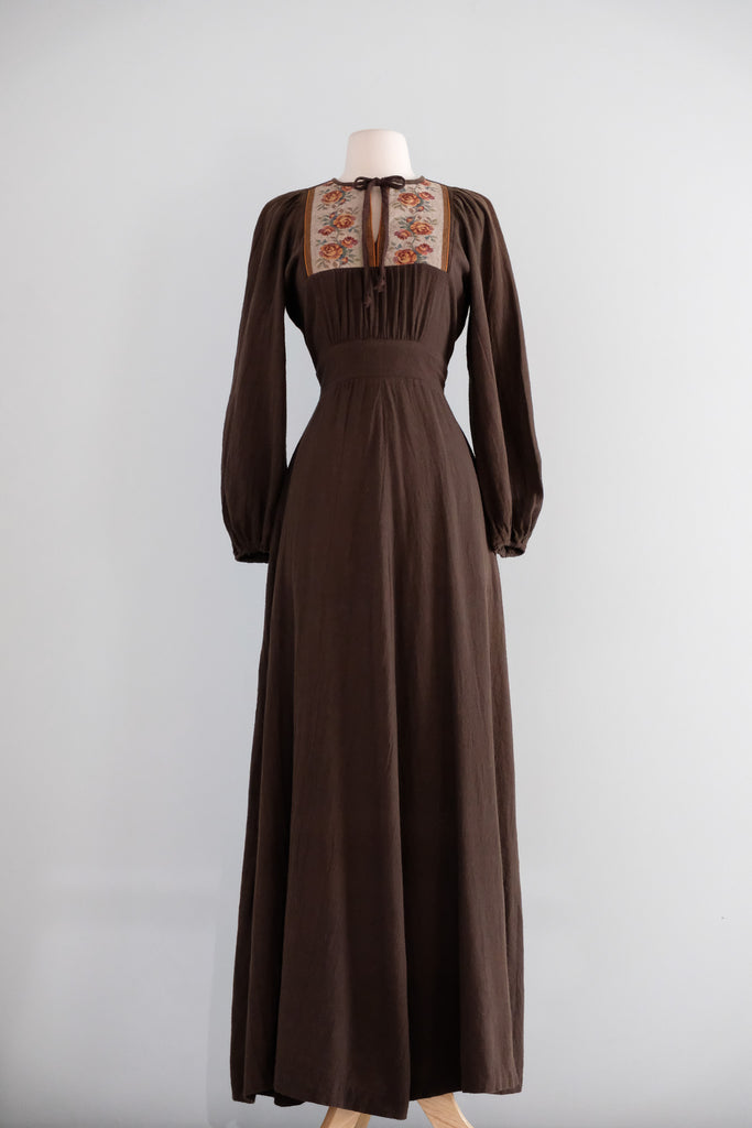 Vintage 1970's Umber Prairie Dress with Rose Tapestry Details by